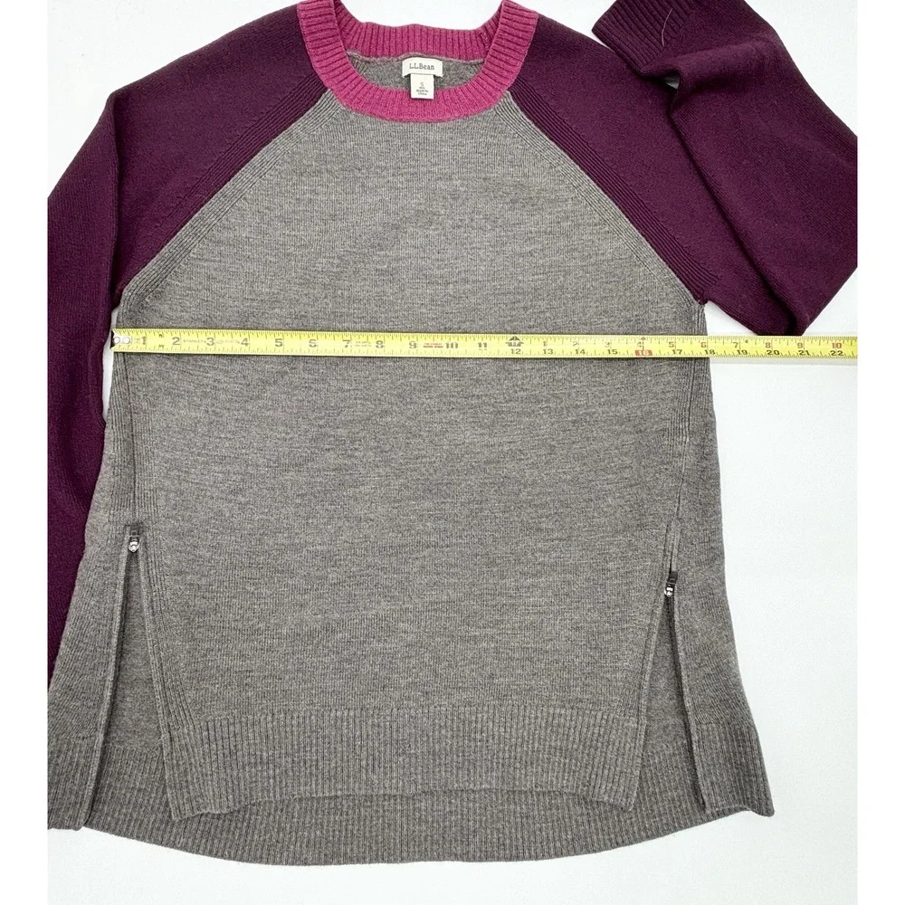 L.L. Bean Gray Purple Merino Wool Crewneck Sweater With Zippers Small